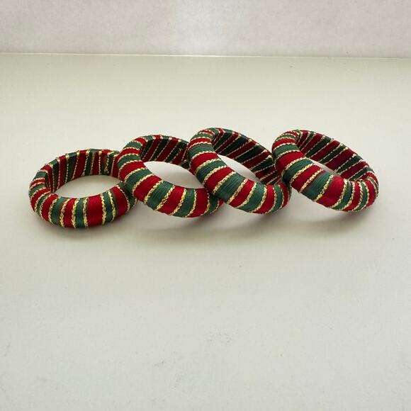 Christmas Holiday Napkin Holder Rings Striped Set of 4 Red Green Gold 0.5" x 2" - Picture 3 of 5